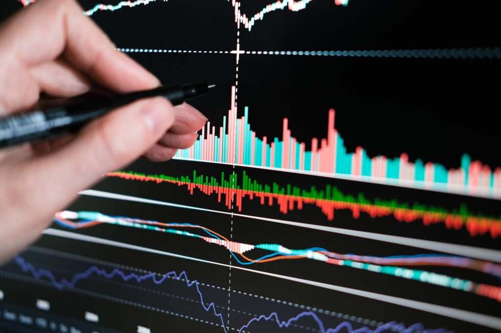 Working with stock market charts. Indicators and trading volumes. Trading. Candlestick chart.