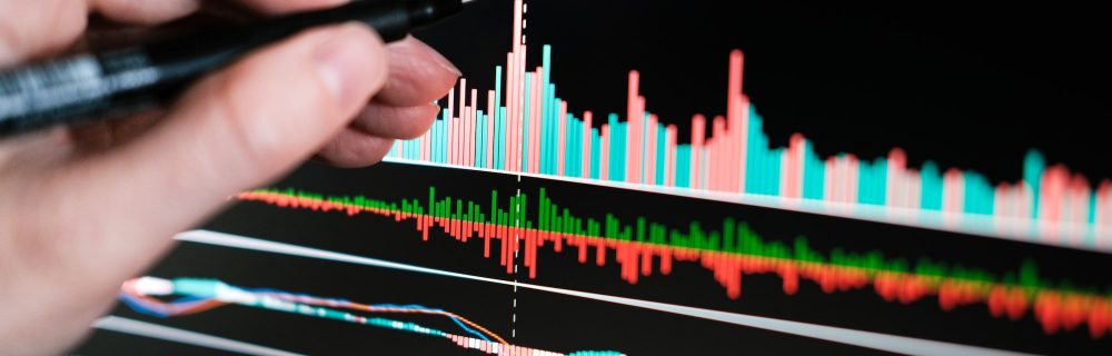 Working with stock market charts. Indicators and trading volumes. Trading. Candlestick chart.